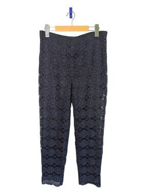 St. John Caviar "Emma" Grace Plume Lace Pants Silk Blend Navy Blue Size 8